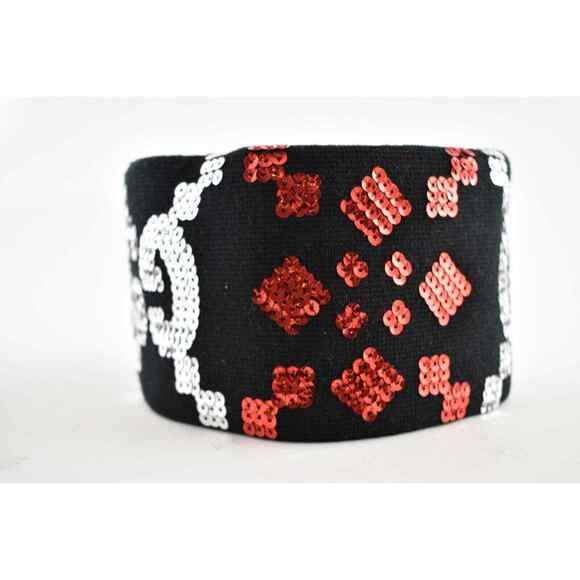 Gucci Black Sequin Silver Red GG Logo Wool Stretchy Headband Hair Small 56cm - Picture 7 of 10